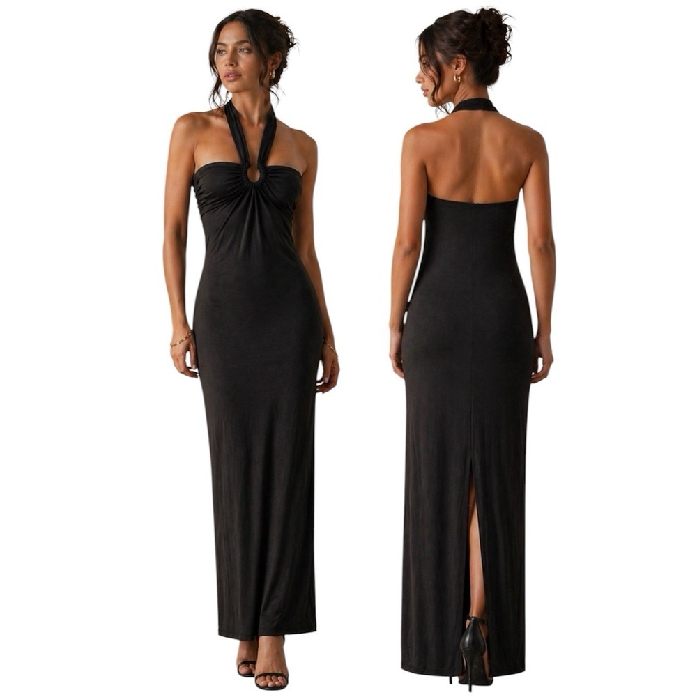 Oh Polly Black Halterneck Maxi Dress NWT Gold Hardware Ruched Bodycon Gown US 6